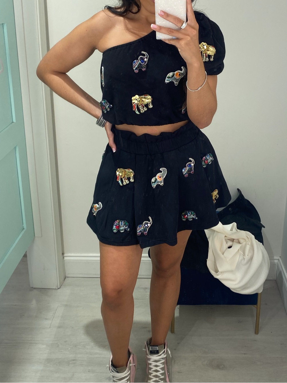 QUEEN OF SPARKLES Black Embroidered Elephant Skirt Set - Picture 2 of 2
